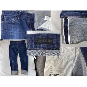 Uniqlo Selvedge Jeans Dark Mens 34x32 Kaihara Faded Whiskers Japan Slim Straight